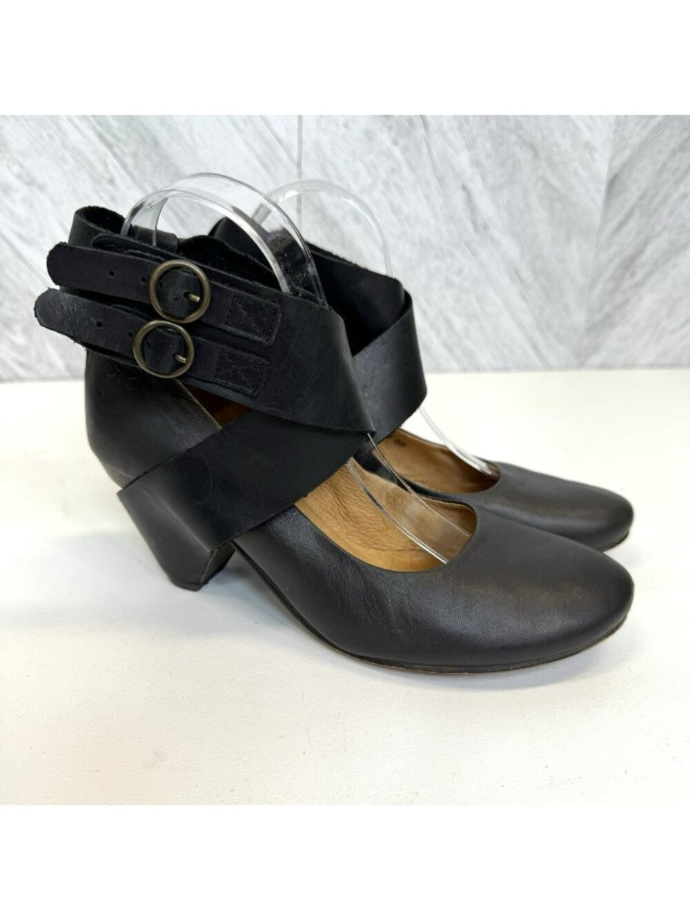 Fly London Ankle Strap Split Heel Shoes Pumps Womens Size 38 US 8 Black Leather